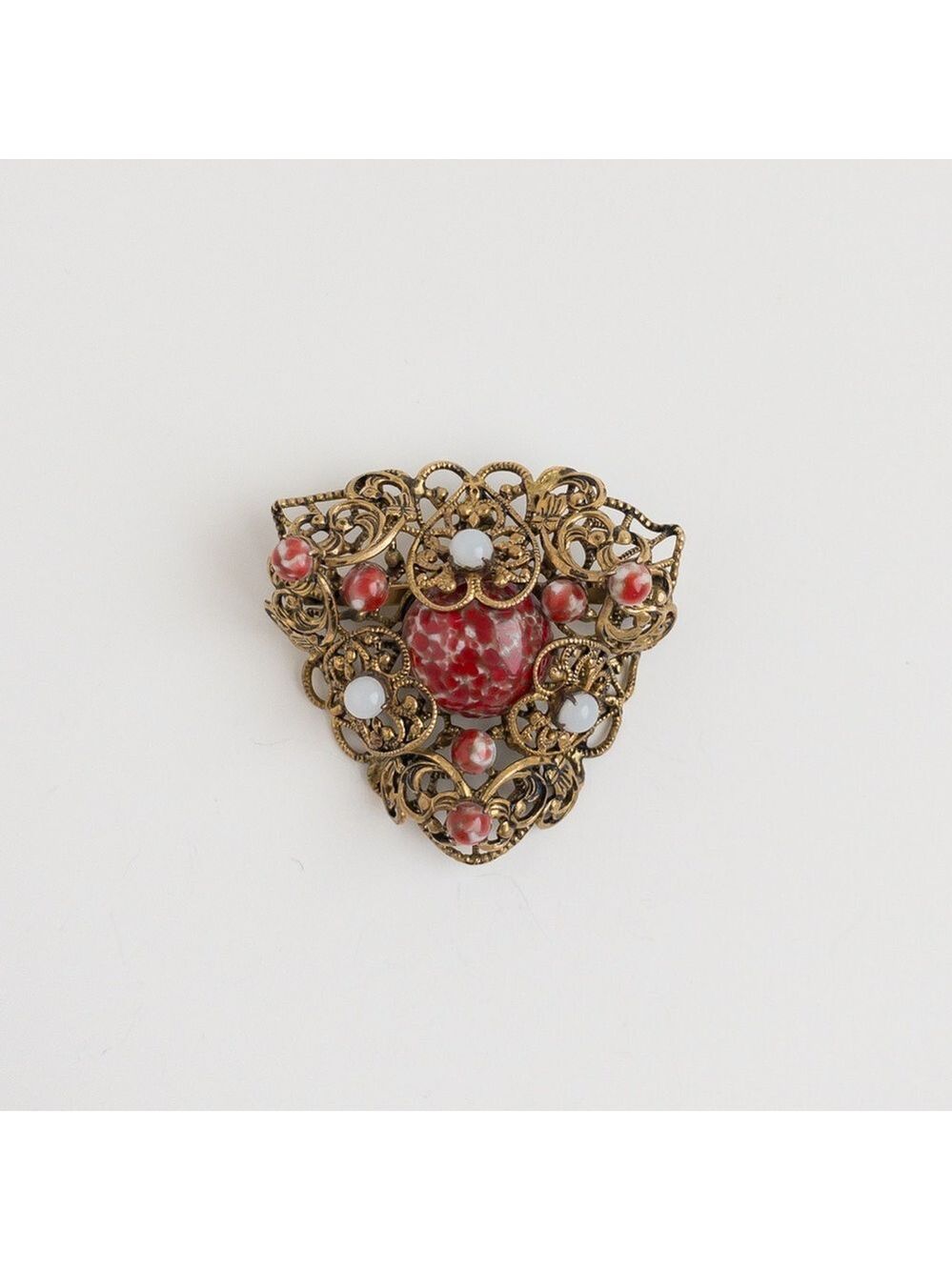 Gold Tone Ornate Filigree Brooch Red White Speckled Art Glass Cabochon